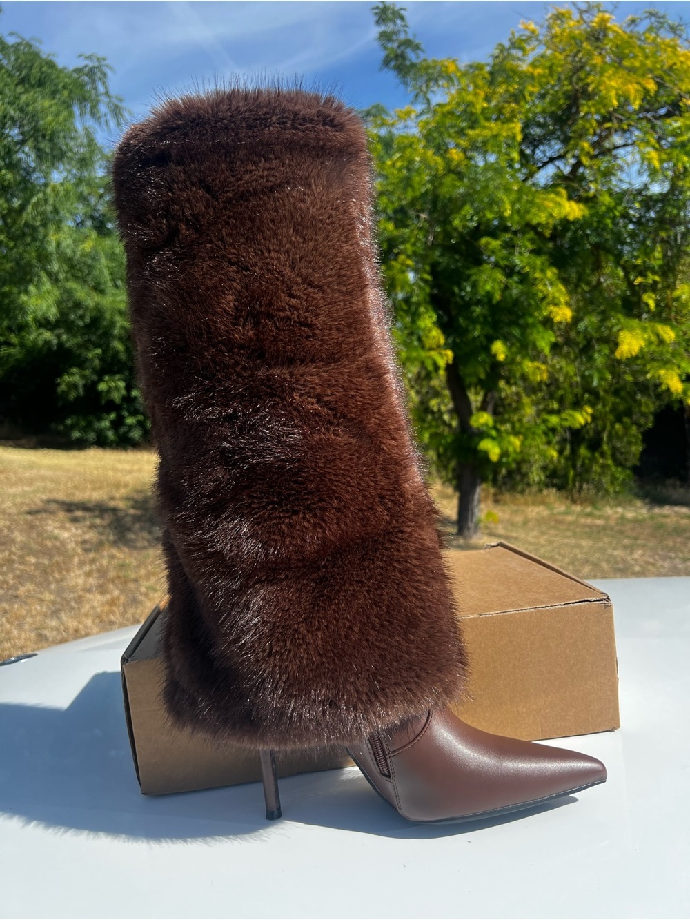 Women's Brown Fur Knee-High Stiletto Boot - Picture 3 of 8